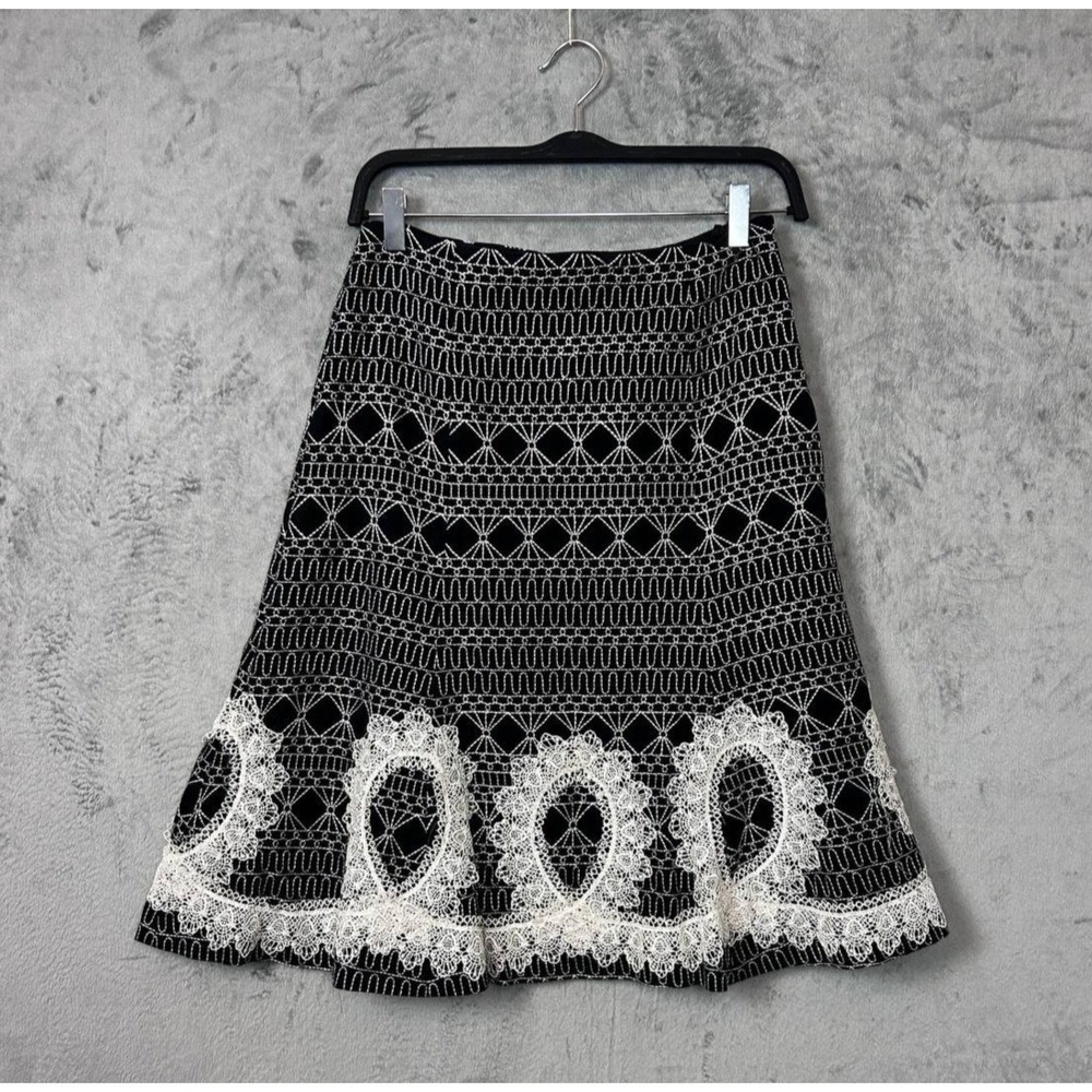 Boho Embroidered Black White A-Line Midi Skirt Geometric Goth Medium Whimsigoth